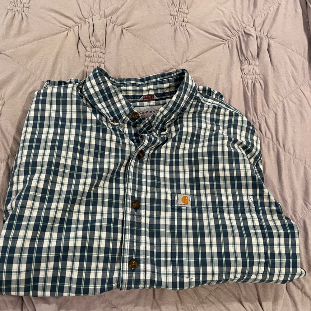 Carhartt Men's Blue and White Checkered Shirt - MEN - L - PLAID - BUTTON SHORT